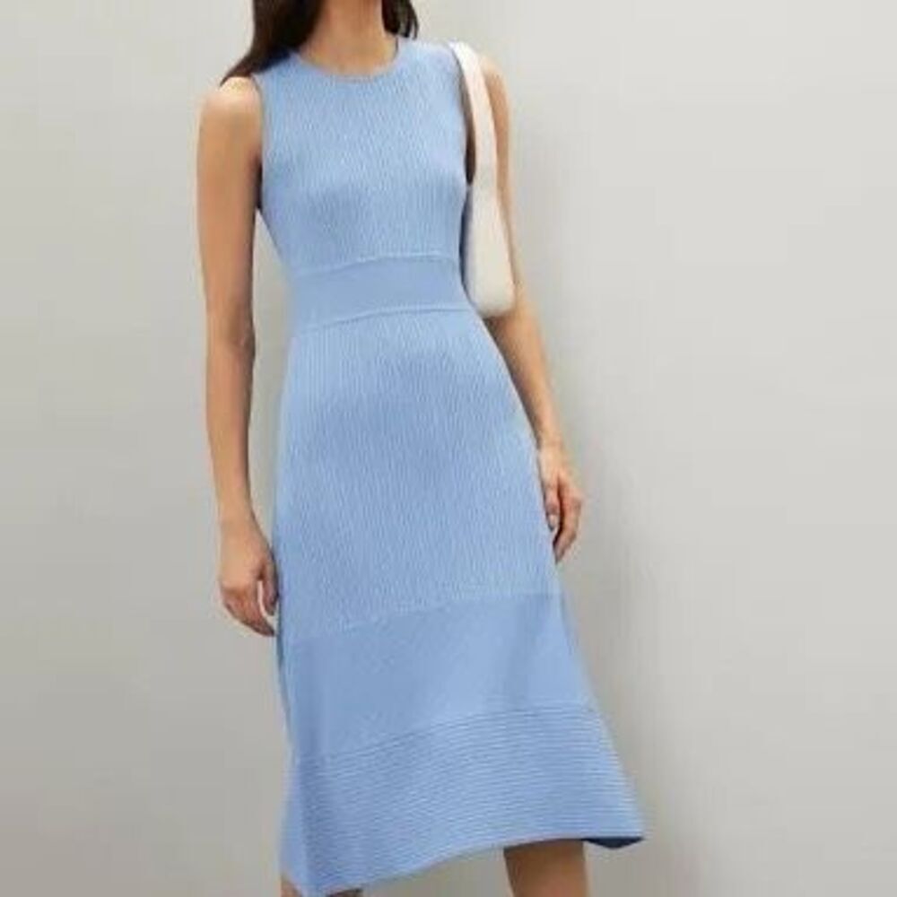 Jason Wu x RTR Blue Ribbed Knit Sleeveless Midi Dress Flounce Hem Size Med